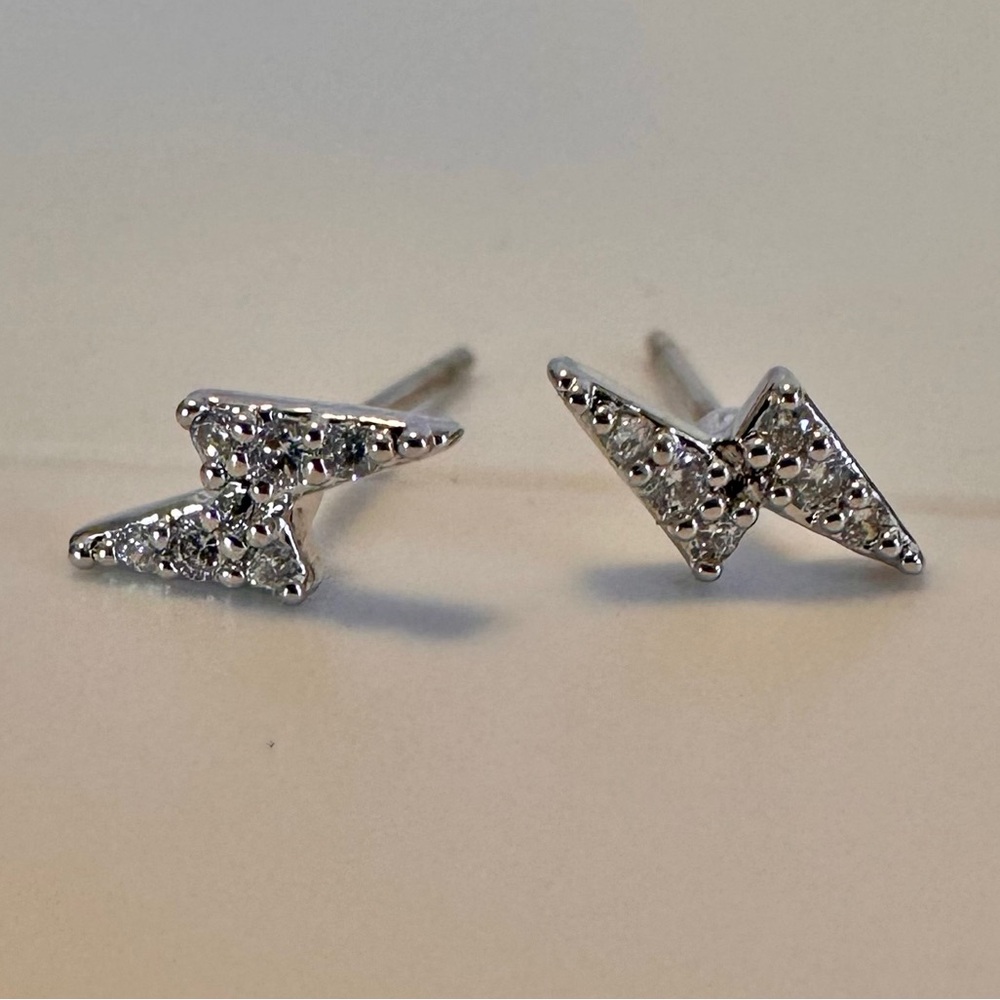 Silver Lightning Bolt Stud Earrings Cubic Zirconia Minimal Sparkle